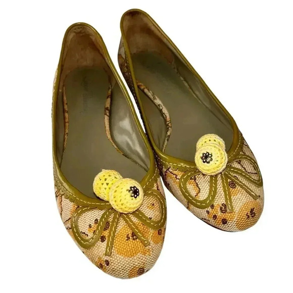 Laura Brandon Anthropologie‎ Women's Canvas Yellow Sage Pom Pom Ballet Flats 7 - Picture 1 of 7
